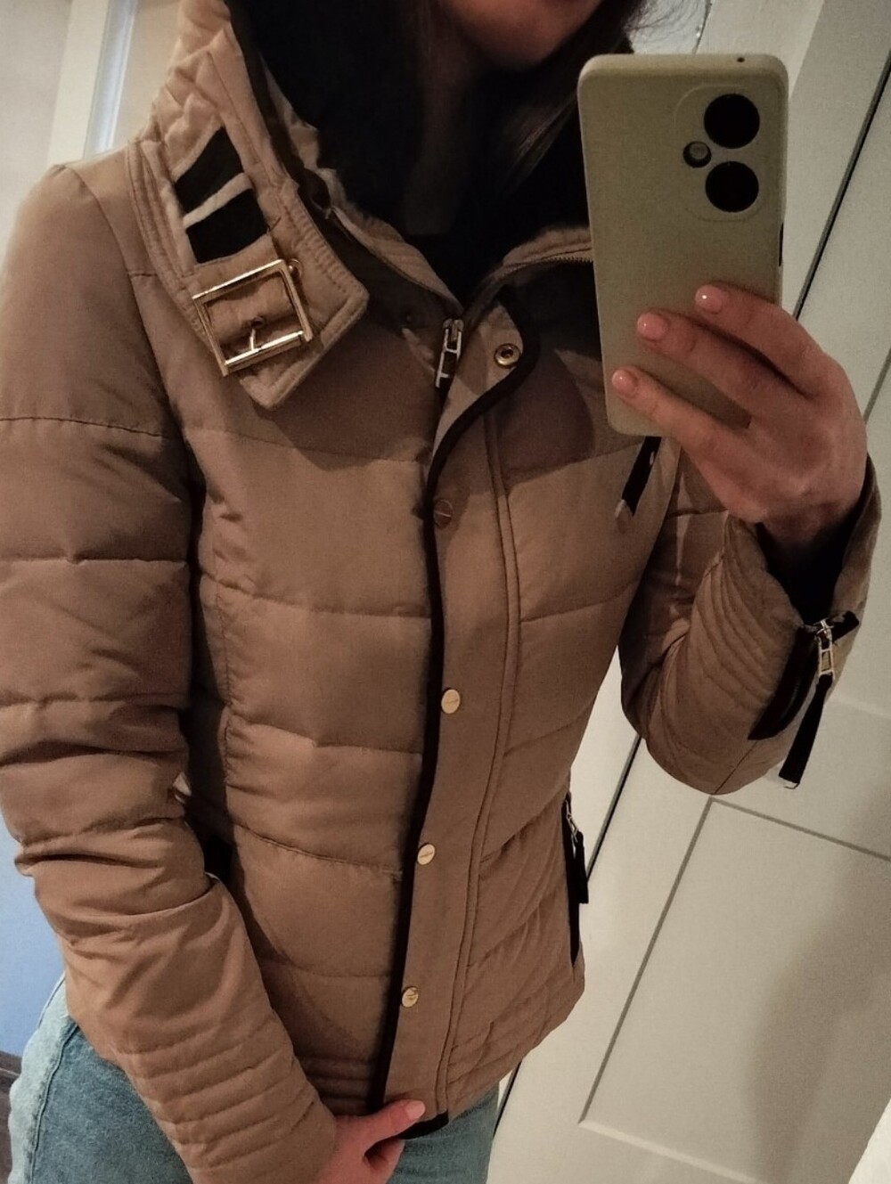 Zara Quilted Tan Puffer Jacket with Buckle Collar